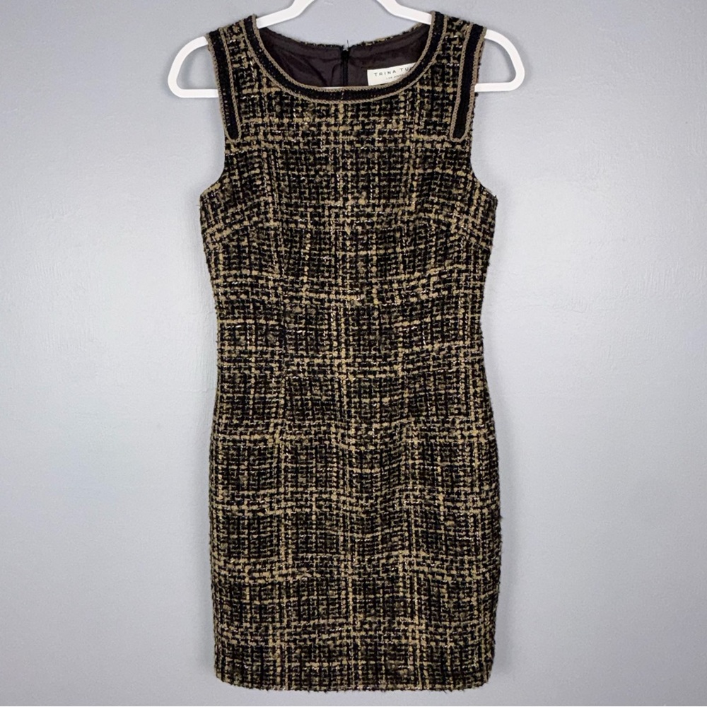Trina Turk Dress Women’s 2 Wool Blend Tweed Sheath Brown Sleeveless Preppy